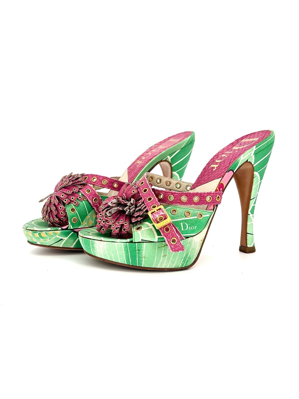 Dior John Galliano Vintage Koi Green Floral Print Platform Mules 35.5 - Picture 1 of 10